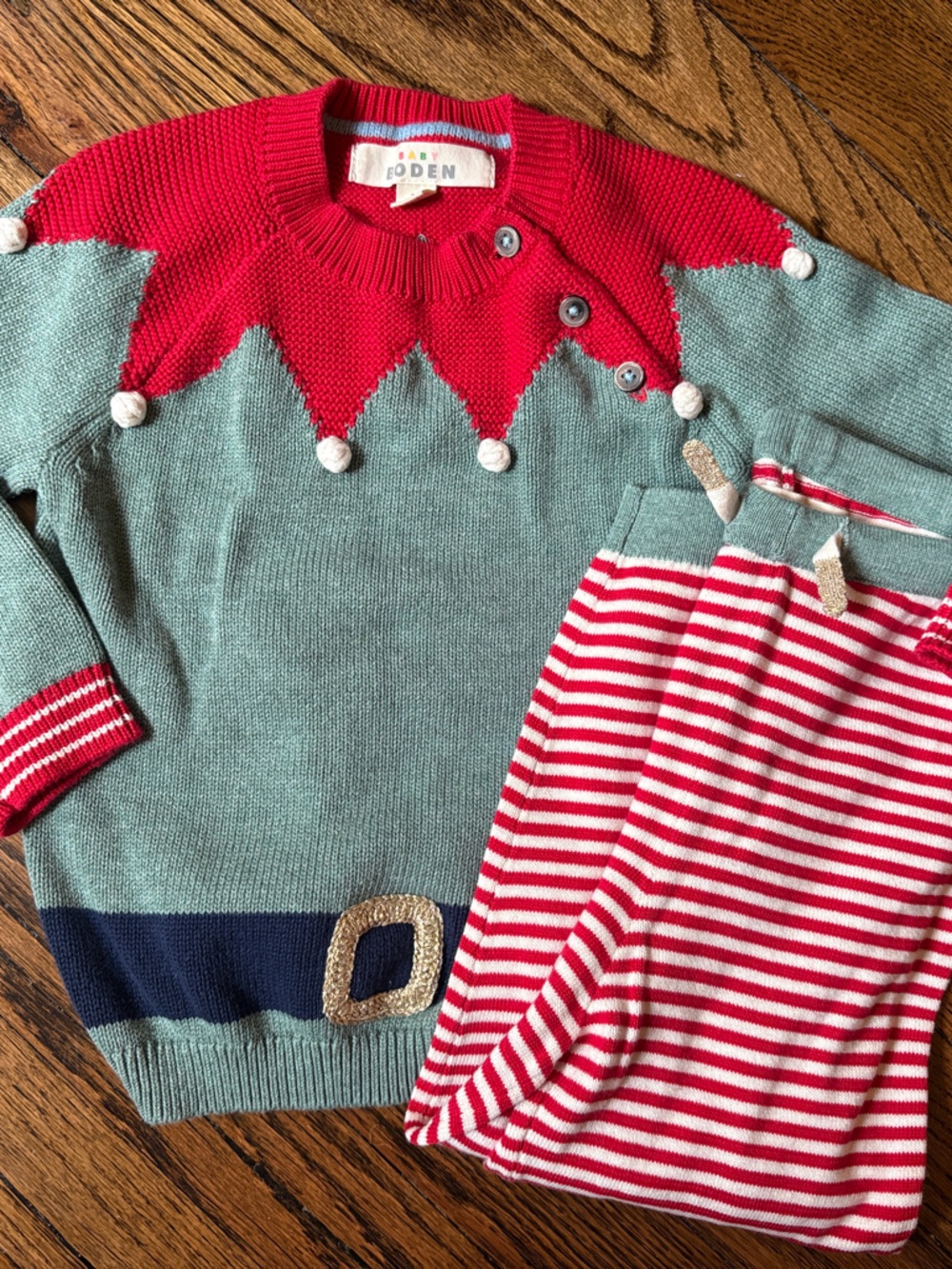 Baby Boden Holiday Knit Top & Striped Pants 3T